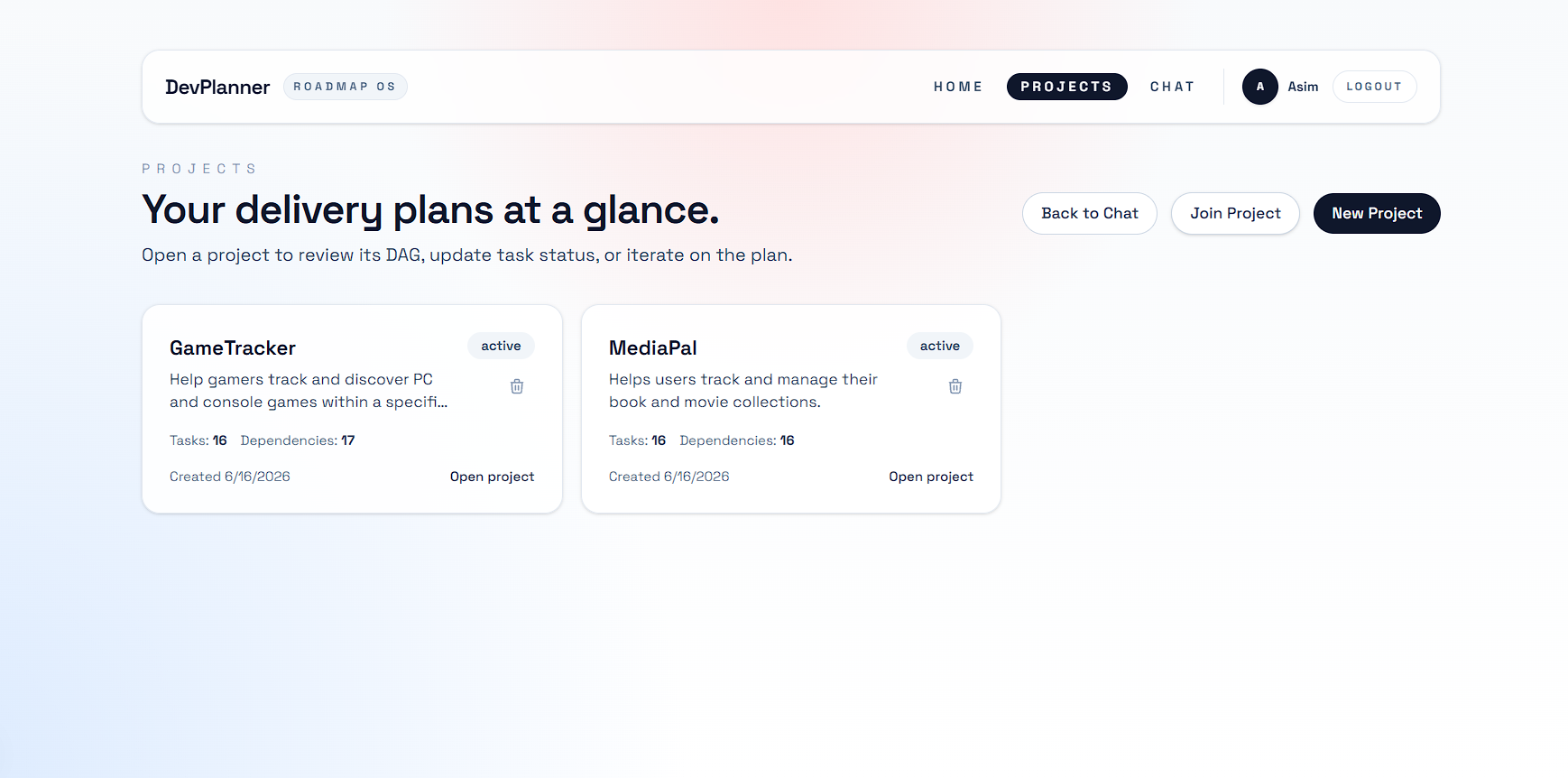 DevPlanner — Project-List